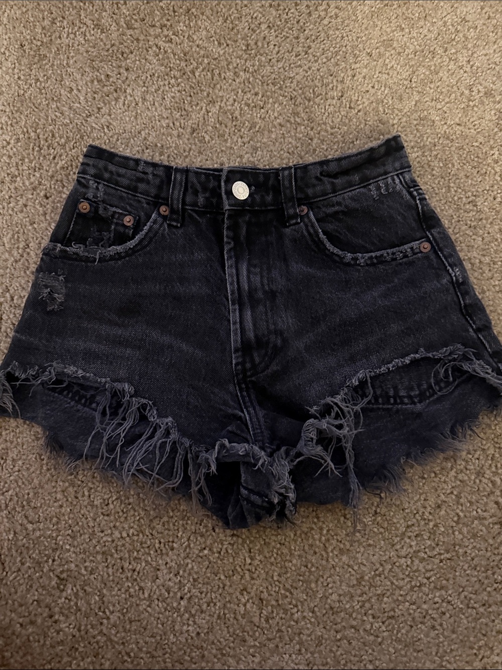 Zara Black Distressed Frayed Hem Denim Shorts